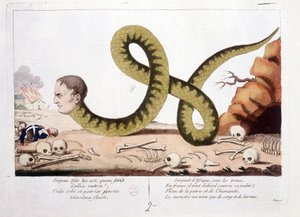 Desenho animado sobre Napoleão que eu representei como uma cobra. Cobra da África sob as armas, na França ele veio primeiro para cobrir a sua nudez; flagelo da pátria e da humanidade, o monstro só vivia com sangue e lágrimas. - em Napoleão I, caricaturas,  de Unknown artist