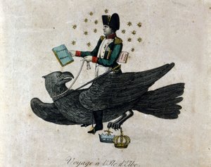 Desenho animado sobre Napoleão sobre o seu exílio na ilha de Elba. Napoleão numa águia segura na mão direita um livro intitulado Military Conscription. Gravura do período. de Unknown artist