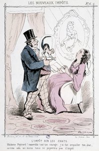 Imposto sobre gatos: "Madame Papinard! Reúna toda a sua coragem. Eu fiz o seu gato recheado, pelo menos não vamos pagar imposto" - caricatura de Unknown artist