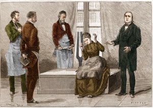 Catalepsy produzida sob a influência do som (Diapason). O neurologista francês Jean Martin Charcot (1825-1893) (à direita) demonstra hipnose em um paciente no hospital de Salpetriere. Ilustração tirada da "Natureza" 1879 de Unknown artist
