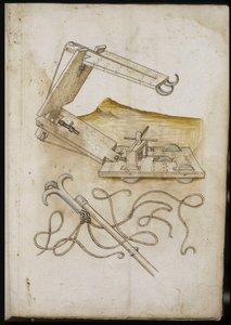 Catapulta e sistema de gancho - Manuscrito: folha de pergaminho de um manual de engenharia para a construção de edifícios civis, religiosos e militares, anónimo, final do século XV (figura em tinta chinesa) de Unknown artist