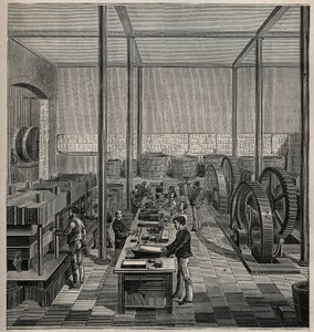 Celluloid: fabricação de celuloides. Gravura de 1885 em "Les arts et metiers illustres" de Adolphe BITARD. de Unknown artist