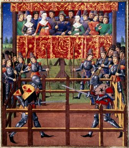 Cerimónias e ordenanças como penhor de batalha: duelo em campo fechado entre dois cavaleiros Miniatura de um manuscrito de Jean de Rolin (século XV) 1460 Paris, B.N. de Unknown artist
