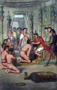 Cerimônia na Capital Inca de Cuzco: Manco Capac (Ayar Manco) confere distinção aos Príncipes do Sangue por furar os ouvidos - gravura de "Usi e Costumi di Tutti i Popoli dell