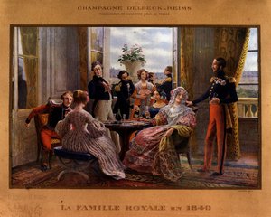 Champanhe servido na mesa real em 1840 - Cartaz publicitário para o champanhe Delbeck "Fornecedor da antiga corte da França", finais do século XIX de Unknown artist
