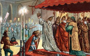 Carlos Magno (742-814) coroado pelo Papa Leão III (c750-816) na basílica de São Pedro, em Roma, em 25 de dezembro de 800 - Sagrado (Coroação) de Carlos Magno (742 - 814) em 800 pelo Papa Leão III. de Unknown artist