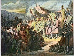 Carlos Magno aceita a rendição de Wittekind em Paderborn (785) - Vitória de Carlos Magno (742-814) sobre o braço saxão de Widukind of Saxony (Wittekind) em 785 (Widukind ou Witikind - Widukind of Saxon wars: germanic leader of the Saxons Widukind capitula  de Unknown artist