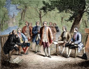 Charles de Secondat Montesquieu com o cenáculo científico do Castelo de Clairac, França - Le cenacle scientifique du chateau de Clairac: Montesquieu et le baron de Secondat, son, le chevalier de Vivens, Romas et les freres Dutilh - in "Album de la Science; de Unknown artist