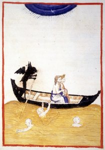 Charon (Caron) faz Dante e Virgílio o Acheron atravessarem o rio do Submundo - em "A Divina Comédia" de Dante Alighieri, miniatura de um manuscrito do século XIV, Biblio. Municipal de Rimini. de Unknown artist