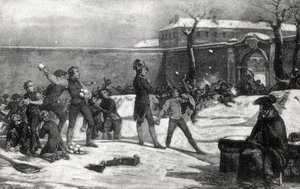 Infância de Napoleão I Bonaparte (1769 - 1821) na escola militar de Brienne le Chateau (Dawn), em 1782: Napoleão, no meio de uma batalha de bolas de neve entre crianças. de Unknown artist