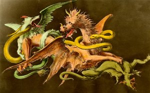 Chimeres Um dragão a lutar contra dois monstros. Gravura do século XIX. de Unknown artist