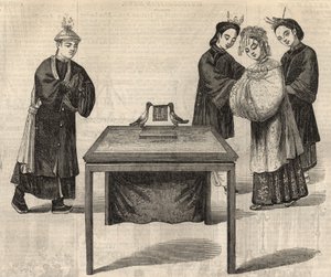 Costume chinês: assinar um contrato de casamento. Uma tábua com os nomes dos dois cônjuges é colocada sobre uma mesa com duas pombas. Gravação em "The Illustrated London News" de 14 de Fevereiro de 1857. de Unknown artist