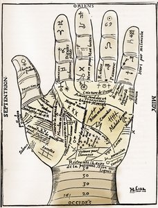 Chiromancia - GRÁFICO PALMISTA - Diagrama planetário e zodiacal da mão esquerda - Corte de madeira de "Várias Oeuvres" de Jean Belot Lyons, França de Unknown artist