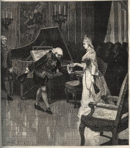 Christoph Willibald Gluck diante da rainha Maria Antonieta em Trianon - Christoph Willibald Gluck (1714-1787), compositor alemão tocando em frente à rainha Maria Antonieta a Trianon - gravação em "Música Popular" ilustrada no jornal semanal - 1882 de Unknown artist