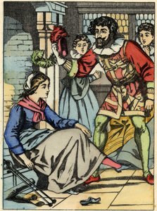 Cinderela tenta o sapato de vidro encontrado pelo príncipe. Ilustração do conto de Charles Perrault "Cinderela ou La petite slipper de verre". de Unknown artist