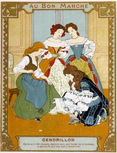 Cinderela experimenta o chinelo de vair - Bon Marché etiqueta publicitária de Unknown artist