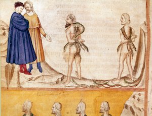 Círculo de Ladrões: Vanni Fucci (século XIII) previu para Dante e Virgil a derrota dos White Guelfs. Página iluminada ilustrando a 24ª canção do Inferno desenha da "Divina Commedia" de Dante Alighieri (1265-1321). Século XIV, Veneza, Bibliotec de Unknown artist