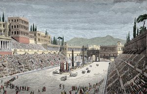Circus Maximus - O grande circo ou Circo Maxime, em Roma, com uma carruagem - Gravura a cores
