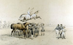 O circo mostra um cavalo alado a saltar sobre três cavalos vendados. de Unknown artist