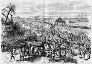 Cochinchine: procissão anual de dragões organizada pela congregação de Saigão em 1865. de Unknown artist