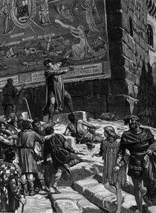 Cola di Rienzo (1314-1354), na campanha para se tornar uma tribuna do povo romano, explica ao povo de Roma os afrescos que tinha instalado no Capitólio simbolizando a agonia de Roma num mar decadente rodeado por Tróia, Jerusalém, Cartago e Ba de Unknown artist