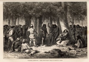 Propostas comerciais entre os índios Siriniris e os membros da expedição, oganização da troca de facas e agulhas por penas de aves enfiadas num ramo de videira e aras, na aldeia de Huatinmio, localizada nas alturas do Carro de Unknown artist