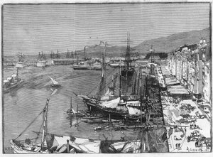 Navio comercial e arsenal no porto de Toulon (Var), França. Gravura no "Le Monde Illustré". de Unknown artist