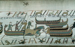 Conquete England pelo Duque de Normandy William, o Conquistador (1027-1087) em 1066: os navios Norman navegam na costa inglesa. O cavalo puxa o barco no corredor. Detalhe da Tapeçaria Bayeux ou Bordado da Rainha Mathilde de Unknown artist