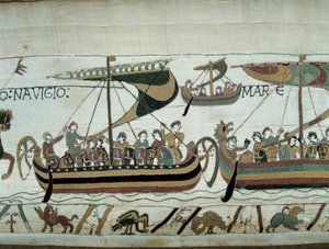 Conquete da Inglaterra por Guilherme o Conquistador (1027-1087) em 1066: as frotas normandas dirigem-se para Inglaterra Detalhe da Tapeçaria Bayeux ou Bordado da Rainha Mathilde de Unknown artist