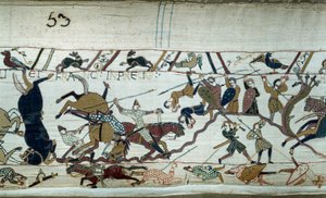 Conquete da Inglaterra pelo Duque da Normandia Guilherme o Conquistador (1027-1087) em 1066: A Batalha de Hastings Pormenor da Tapeçaria Bayeux ou Bordado da Rainha Mathilde de Unknown artist