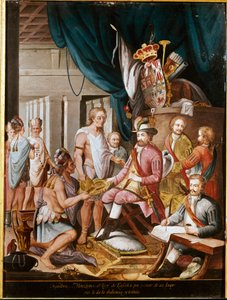 Conquete do México: Montezuma (ou Moctezuma II), imperador asteca (1466-1520) oferece presentes ao conquistador Hernan Cortez (ou Cortes) (1485-1547) e jura fidelidade ao Reino de Espanha. Pintura anónima. Madrid. Museu da América. de Unknown artist