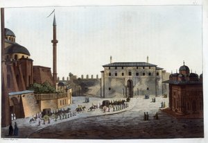 Constantinopla: A porta do Serail. Soliman, o Grande, foi o primeiro a levar todo o seu pátio e harém até ele, exceto para aqueles que tinham vivido com seus antecessores. Em "Le costume ancien et moderne de Unknown artist