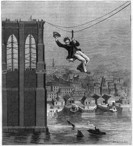 Construção da ponte do Brooklyn em Nova Iorque: Sr. Farrington, mecânico chefe de construção, passando de uma pilha para outra usando o primeiro arame esticado (25 de agosto de Unknown artist