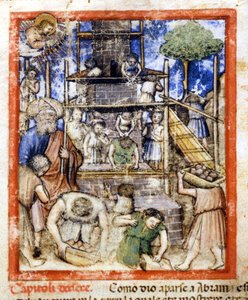 Construção da Torre de Babel. Miniatura do códice 212 (ou códice padovano ou Bíblia de Pádua) 1390-1400 Rovigo, Accademia dei Concordi de Unknown artist