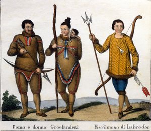 Fantasia. Esquerda: Casal de esquimós da Gronelândia com o seu filho. Direita: Labrador esquimó. Litografia do início do século XIX. de Unknown artist