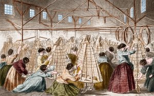Fábricas de crinolinas: aros de assentamento. Gravura de 1865. de Unknown artist