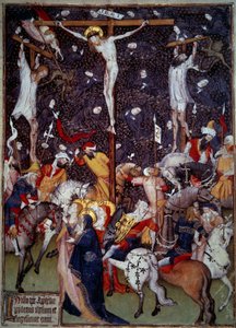 Crucificação. Anjos negros voam à volta dos corpos dos condenados. Romanos a cavalo dão a volta à cruz para contemplar a cena. Miniatura de um manuscrito do século XV. Paris, B.N. de Unknown artist