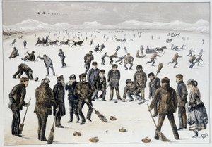 Curling em um lago congelado perto de Halifax, Nova Escócia - em "Sketches of canadian sports and pastimes" por Lieut. Henry Buckton Laurence de Unknown artist
