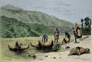 Costumes e métodos de transporte: peles de animais inflados utilizados para atravessar rios. Gravura do século XIX de Unknown artist