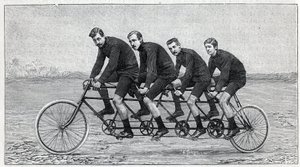Ciclista em uma bicicleta chamada "quadruplette gladiador". Gravura em "La Nature". de Unknown artist