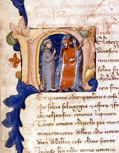 Dante e Virgil na entrada do Inferno. (lettrina "N") Incipit of Hell of a Divina Commedia (Divina Comédia) do século XIV Milão, biblioteca trivulziana. (Nel mezzo del cammin di nostra vita...) de Unknown artist
