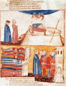 Dante e Virgil encontram as almas de pessoas violentamente mortas. Página iluminada ilustrando uma canção do Antipurgatório da "Divina Commedia" de Dante Alighieri (1265-1321). Século XIV, Veneza, Biblioteca Marciana de Unknown artist