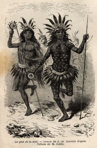 Dia e noite, quadros sobre o corpo dos dançarinos da cerimônia religiosa e expiação, executados pelos chefes e seus companheiros, entre os índios Mandans (ou noumah ka kie: faisões), na margem esquerda do Missouri. Gravura para ilustrar uma excursão de Unknown artist