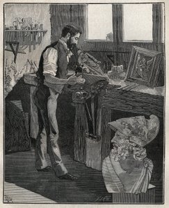 Decoração de talheres de prata: cinzelador de bronze. Gravura de 1885 em "Les arts et metiers illustres" de Adolphe BITARD. de Unknown artist
