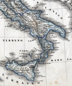 Detalhe de um mapa geográfico representando o sul da Itália (regiões Campania, Calábria, Sicília, Apúlia, Molise Abruzzo). Século XIX de Unknown artist