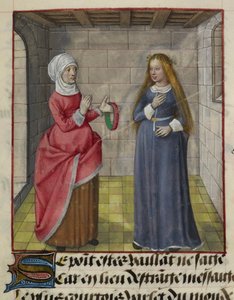 Detalhe de uma miniatura de la Vieille (a Duena) e Bel Accueil (boas-vindas justas), de 