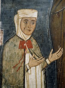 Devout Saramalyna Anastasia em roupas do século XIV, afresco na igreja bizantina de Nossa Senhora de Asinou (século XII) (Lista do Património Mundial da Unesco, 2001), montanhas de Troodos, Chipre de Unknown artist