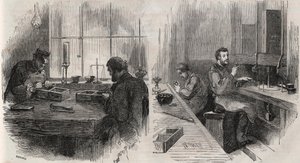 Corte de diamantes em oficina na Holanda: divisores e polidores - Gravura no "Le Monde Illustré de Unknown artist