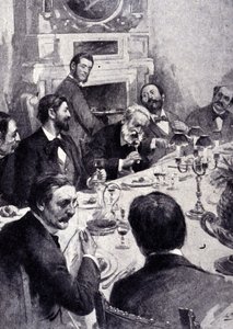 Jantar à mesa por Victor Hugo com Jean Mounet Sully (Mounet-Sully) (1841 - 1916), ator francês. Gravura do século XIX. de Unknown artist