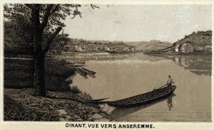Jantar, vista para Anseremme, e rio Lesse, Região Valã da Bélgica. Cromolitografia do final do século XIX. de Unknown artist